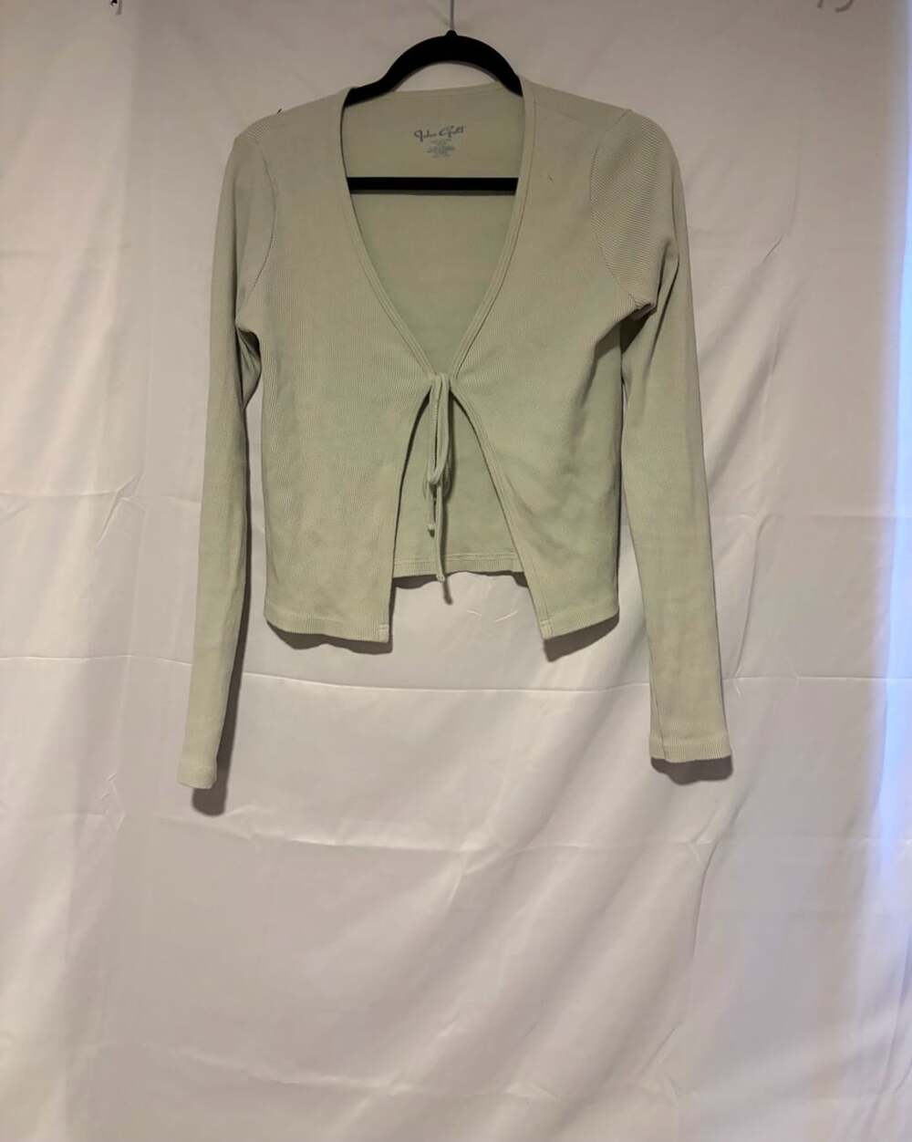 John Galt Long Sleeve Tie Front Top Sage Green Ribbed Cotton